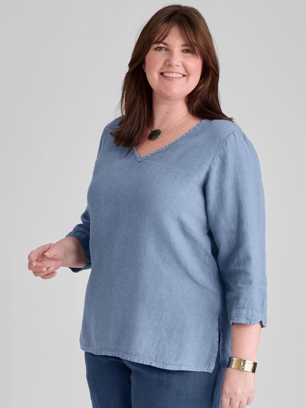 FLAX Blue V-Neck Women's Top - Classic 100% Linen Blend, size 3X